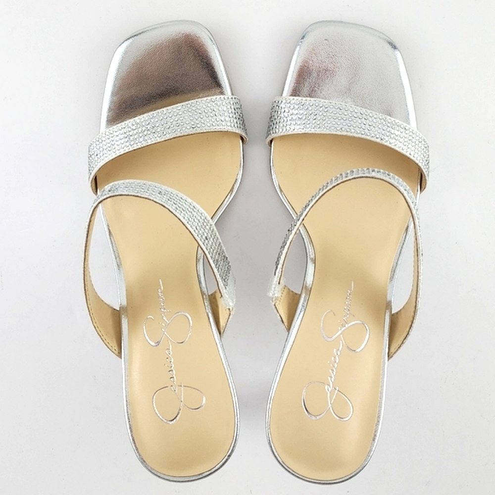 Jessica Simpson Women Silver Rhinestone Double Strap Slip On High Heel Sandal 9M - Picture 5 of 16